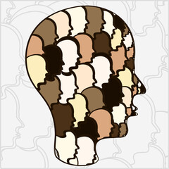 Big icon of the human's head silhouette made of a lot of small icons with faces in different colors. It represents the diversity and equality of races. Background is made of silhouettes in grey.