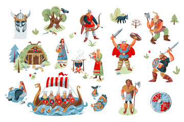 Viking characters and objects set. Medieval Norway people and mythology vector illustration. Ship with warriors, women, men with nordic swords, house, fantasy elements on white background - obrazy, fototapety, plakaty
