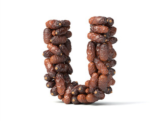 Letter U shaped date palm fruits, 3d illustration, suitable for fasting, ramadan, islam and iftar themes and typography usage.