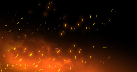Burning red hot sparks fly from large fire. Beautiful abstract background black