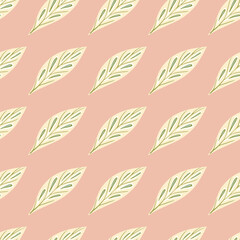 Yellow abstract geometric leaf seamless pattern in doodle style. Pastel pink background.