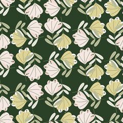 Botanic seamless pattern with doodle simple flower buds silhouettes. Green background. Abstract stylistic.