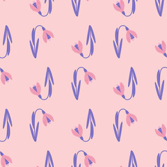 Hand drawn seamless pattern with purple colored galanthus flower print. Pastel pink background.