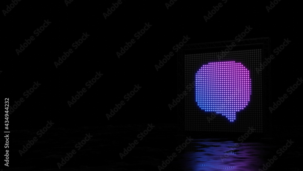 Poster 3d rendering of light shaped as symbol of rounded chat bubble on black background