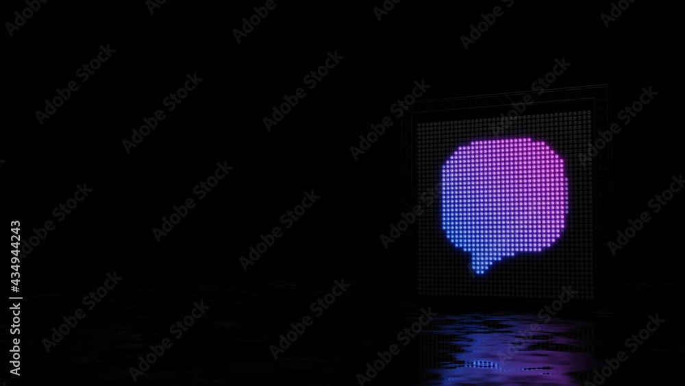 Poster 3d rendering of light shaped as symbol of rounded chat bubble on black background