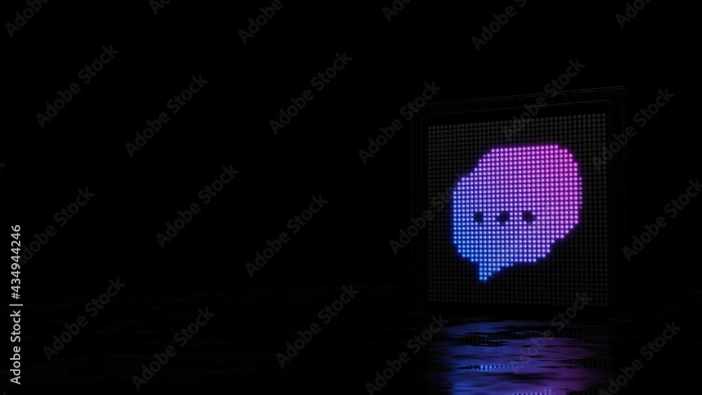 Poster 3d rendering of light shaped as symbol of two rounded chat bubble on black background
