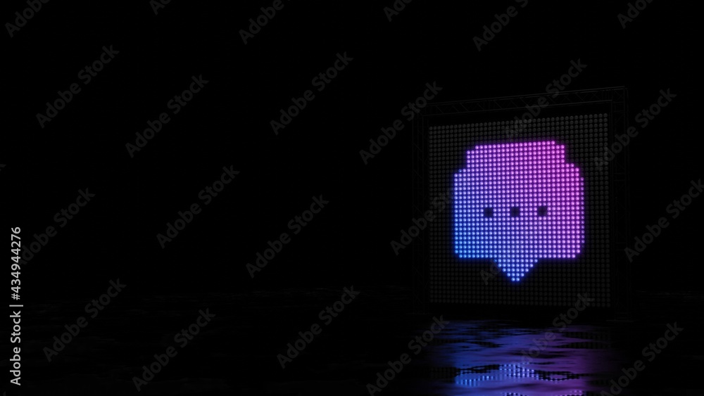 Poster 3d rendering of light shaped as symbol of two rounded chat bubbles on black background
