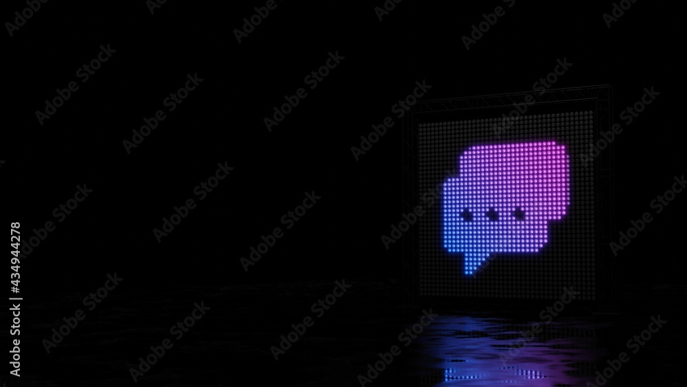Poster 3d rendering of light shaped as symbol of two rounded chat bubbles on black background