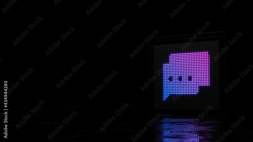 Poster 3d rendering of light shaped as symbol of two rounded chat bubbles on black background