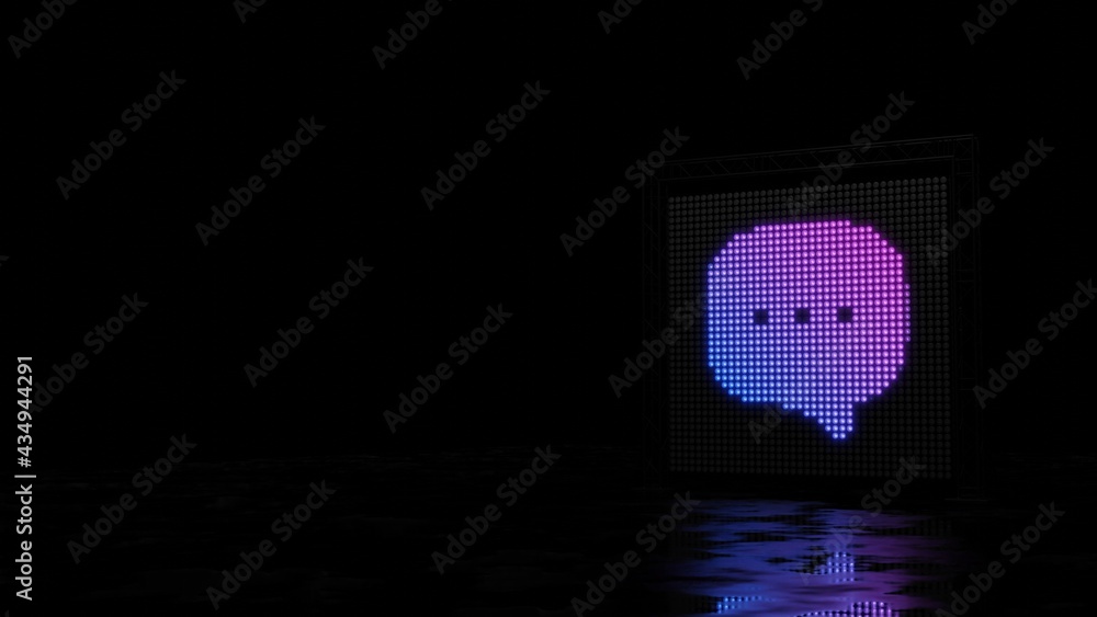 Poster 3d rendering of light shaped as symbol of rounded chat bubble on black background