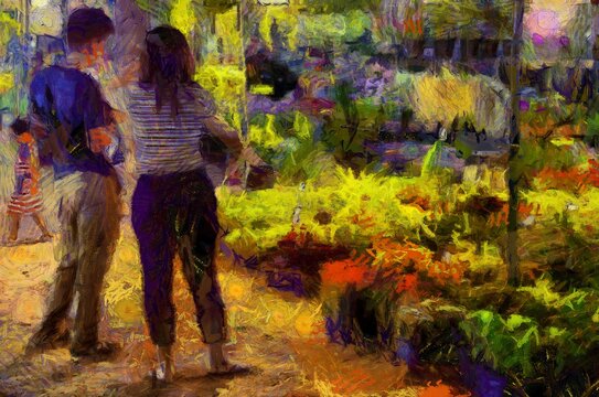 Agricultural flea market and flower shop Illustrations creates an impressionist style of painting.