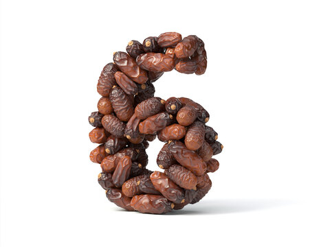 number 6 shaped date palm fruits, 3d illustration, suitable for fasting, ramadan, islam and iftar themes and typography usage.