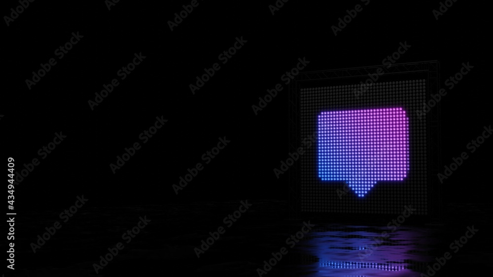 Poster 3d rendering of light shaped as symbol of rectangular chat bubble on black background