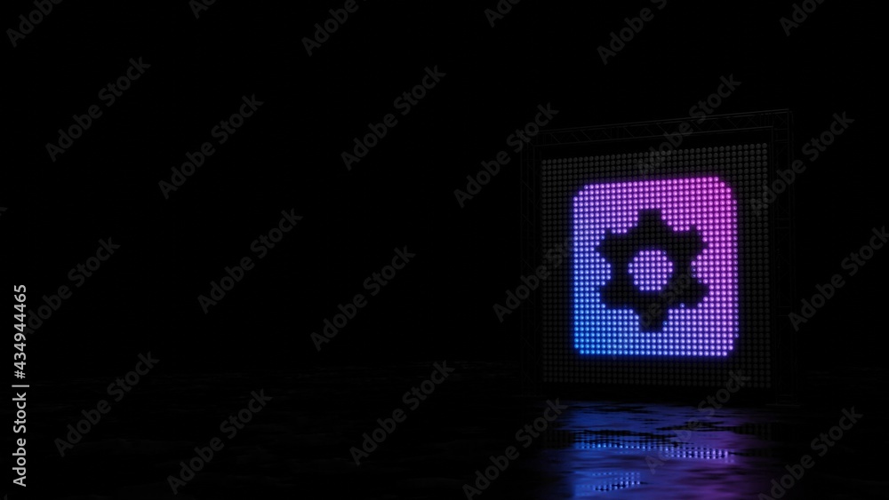 Poster 3d rendering of light shaped as symbol of cogwheel in square on black background