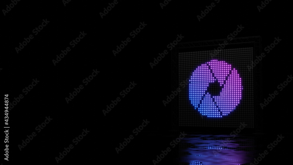 Poster 3d rendering of light shaped as symbol of camera aperture on black background