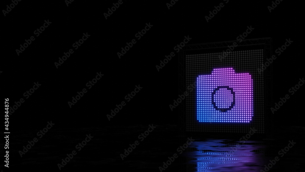 Poster 3d rendering of light shaped as symbol of camera on black background