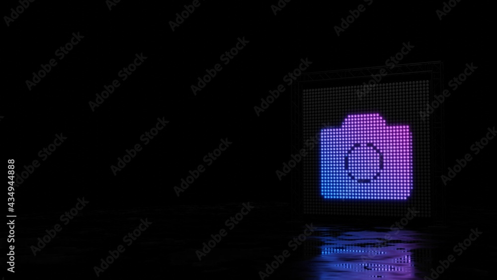 Poster 3d rendering of light shaped as symbol of camera on black background