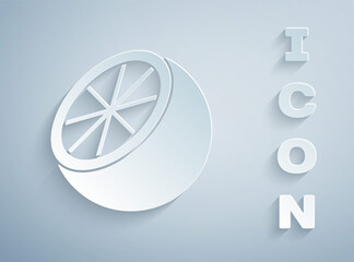 Paper cut Orange fruit icon isolated on grey background. Paper art style. Vector