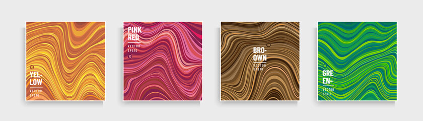 Set of trendy color optical art wavy stripes pattern. Abstract flowing stripes lines yellow, orange, pink, brown and green background . Modern and minimal banner design. Marble collection design.