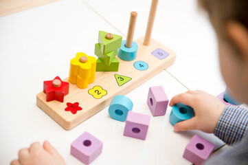 Learning counting, shapes and colors. Montessori type implement. wooden toys. Implement for...