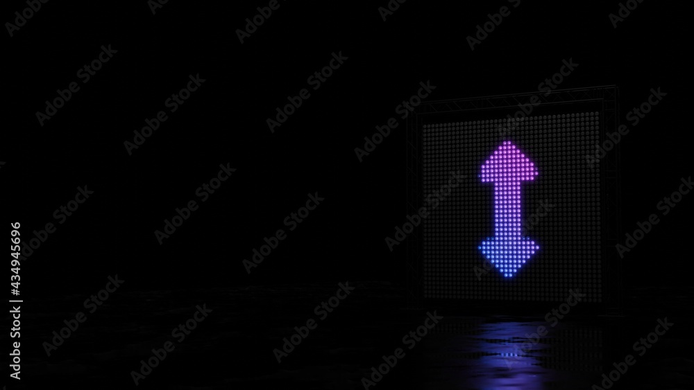 Poster 3d rendering of light shaped as symbol of double vertical arrow on black background