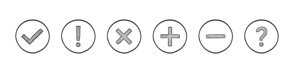 Check mark icons. Tick sign, exclamation mark and cross icons. Yes and No symbols. Hand drawn style. Vector illustration - obrazy, fototapety, plakaty