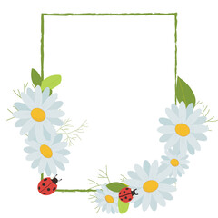 Cute frame with daisies and ladybirds. An excellent decoration of the invitation.