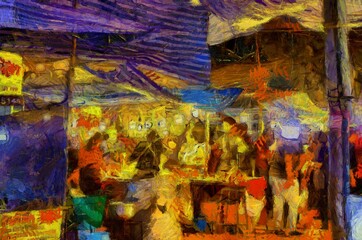 Agricultural flea market and flower shop Illustrations creates an impressionist style of painting.