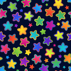 Universal Seamless Pattern of Colorful Rainbow Stars on Dark Backdrop for Celebratory Packaging, Pack Paper, Wrapping Paper.