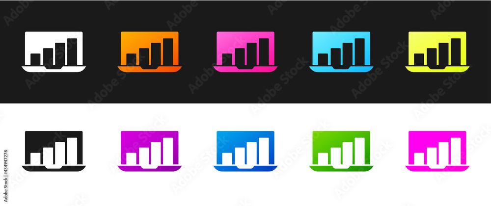 Aufkleber set laptop with graph chart icon isolated on black and white background. report text file icon. acco
