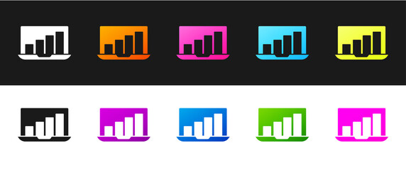 Set Laptop with graph chart icon isolated on black and white background. Report text file icon. Accounting sign. Audit, analysis, planning. Vector