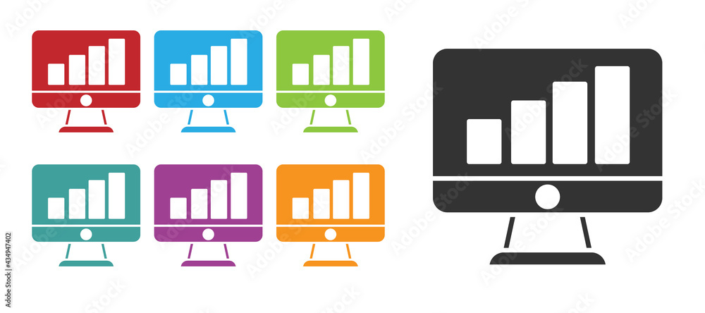 Poster black computer monitor with graph chart icon isolated on white background. report text file. account