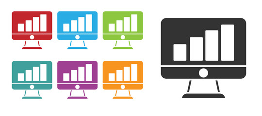 Black Computer monitor with graph chart icon isolated on white background. Report text file. Accounting sign. Audit, analysis, planning. Set icons colorful. Vector