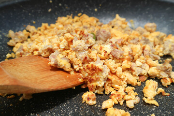 omelet or Thai omelet, Thai omelette or stir fried egg with pork