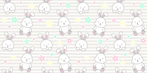 White rabbit and colored stars on a beige striped background. Endless texture with bunny, tiny hare. Vector seamless pattern for wallpaper, cover, wrapping paper, packaging, wrapper or surface texture