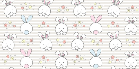 Cute rabbit and flowers on a beige striped background. Endless texture with white bunny, tiny hare. Vector seamless pattern for wallpaper, wrapping paper, packaging, wrapper, cover and surface texture