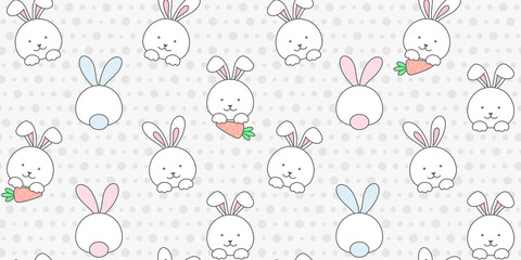 White rabbit, bunny with carrot on a pale gray background with small circles. Endless texture with cute tiny hare. Vector seamless pattern for wrapping paper, packaging, cover, surface texture, print