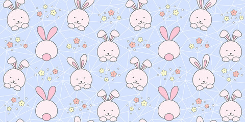 Pink rabbit and flowers on a blue geometric polygonal background. Endless texture with cute bunny, tiny hare. Vector seamless pattern for wallpaper, cover, wrapping paper, packaging or surface texture