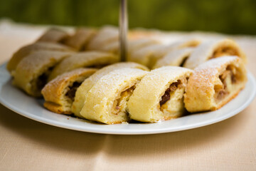 Apple strudel with sugar on a plate.