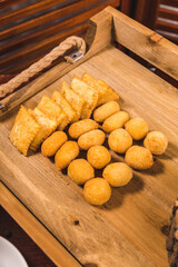 Delicious Snacks for Party Cocktail on a wooden table Close Up High Res