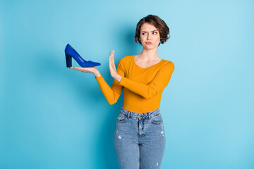 Photo of sad nice brunette short hairdo lady deny shoes wear brown shirt isolated on bright blue...