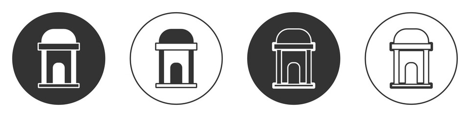 Black Old crypt icon isolated on white background. Cemetery symbol. Ossuary or crypt for burial of deceased. Circle button. Vector