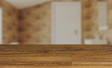 Background with empty wooden table. Flooring. Modern bathroom including bath and sink. 3D rendering.
