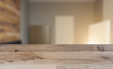 Background with empty wooden table. Flooring. Modern meeting room. 3D rendering.