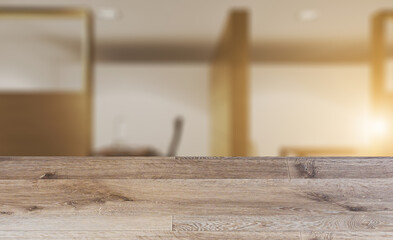 Background with empty wooden table. Flooring. Open space office interior with like conference room. Mockup. 3D