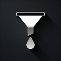 Silver Funnel or filter icon isolated on black background. Long shadow style. Vector