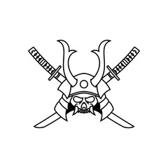 Vintage line art Japanese samurai mask with crossed katana weapons