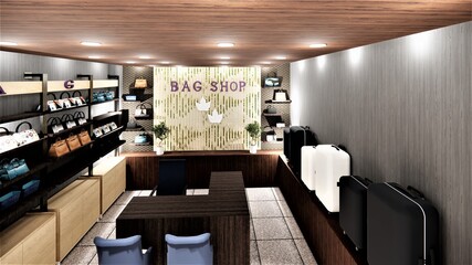 3d render interior design of Jewelry fancy bag shop.