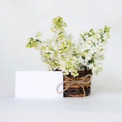 Greeting card with a bouquet of white lush lilacs in a wicker basket with a bow with space for your greeting or design on a white background