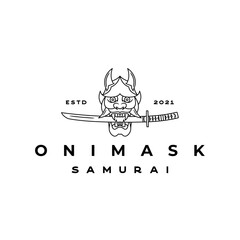 Fototapeta na wymiar Vintage line art Japanese samurai mask with katana weapons